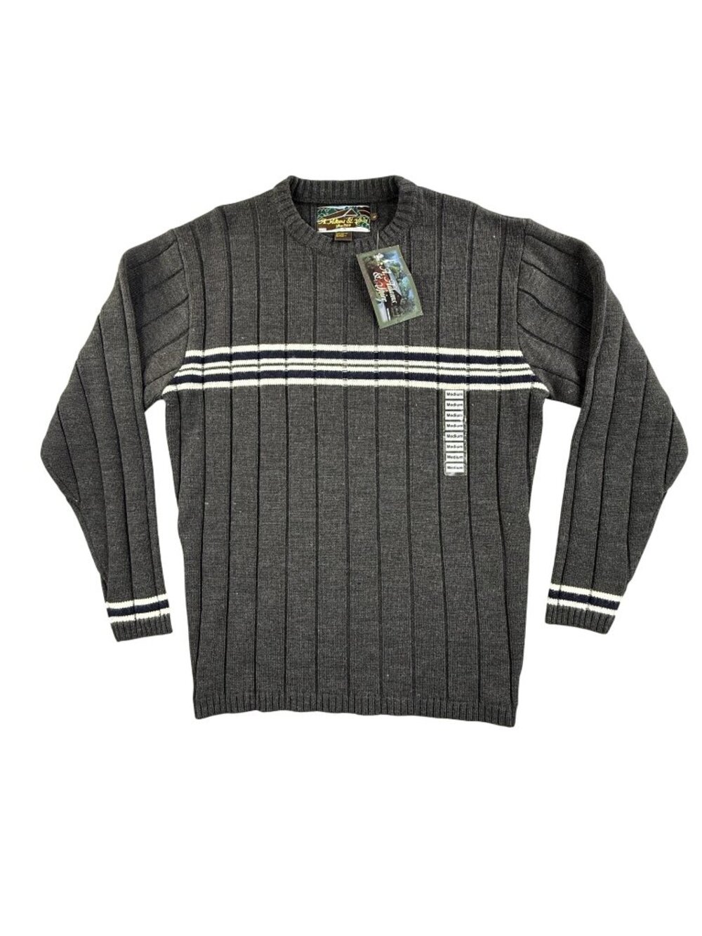 Vintage A. Adams & Spire Sweater Mens Medium Gray Striped Crewneck Knit Pullover
